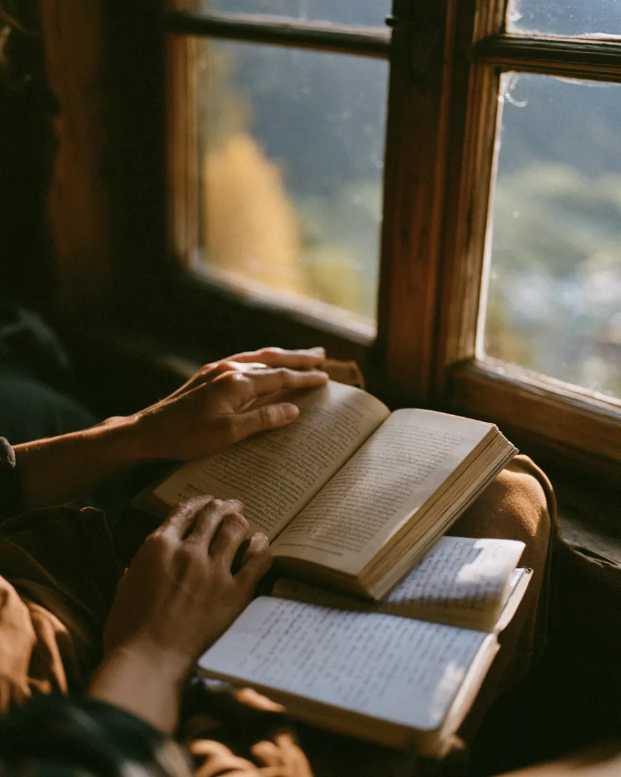 Hands resting on an open dharma text by a mountain window